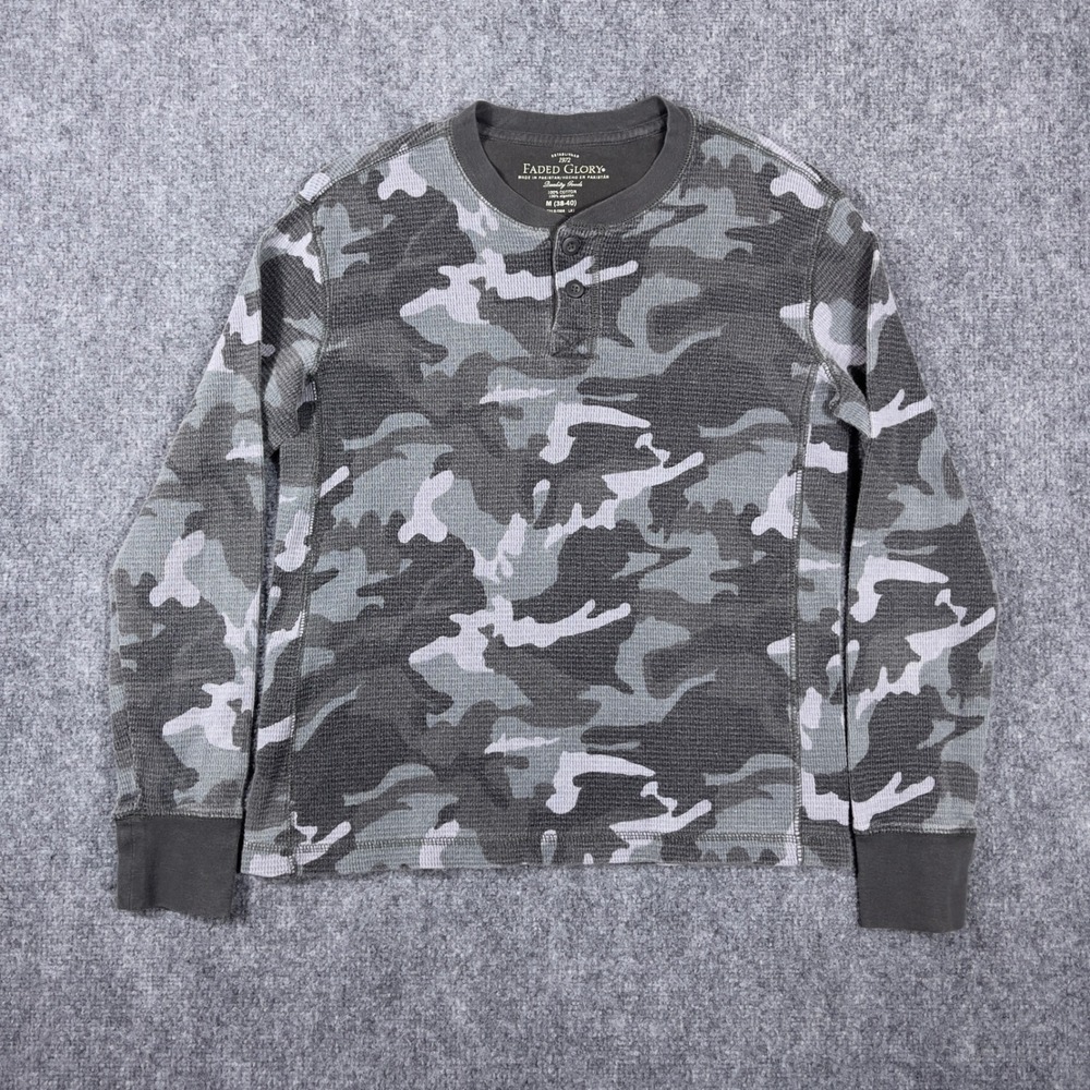 Faded Glory Henley Shirt Mens Medium Gray Camo Long Sleeve Waffle Knit Thermal